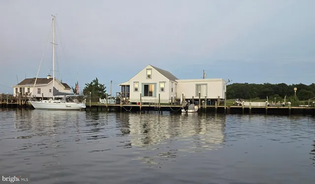 a view of a ocean with boats and trees in the background