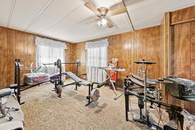 49 600 North Hurricane, UT 84737 - Photo 15 of 33 Exercise area with a ceiling fan, carpet flooring, and wood walls