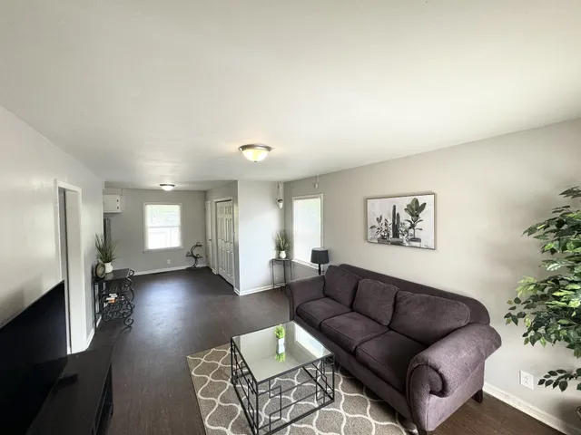 a living room with furniture and a potted plant