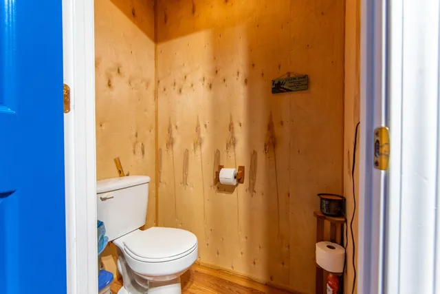 a bathroom with a toilet and a shower