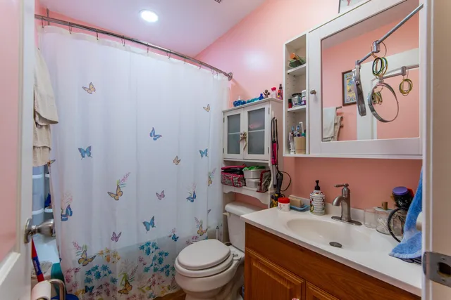 a bathroom with a sink a toilet and shower curtain
