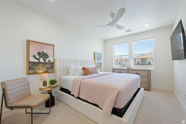 762 West Periwinkle Lane, Unit 102 St. George, UT 84790 - Photo 10 of 40 Bedroom with light carpet, ceiling fan, and recessed lighting