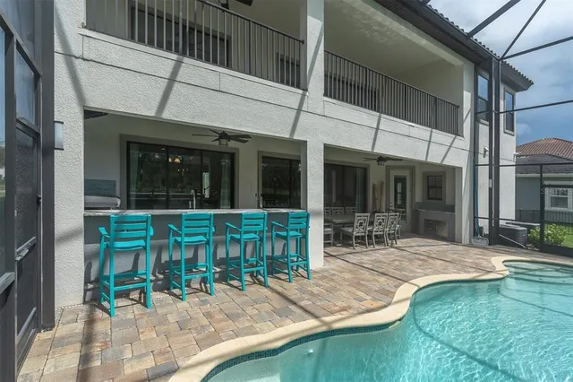 a view of a house with swimming pool and a yard