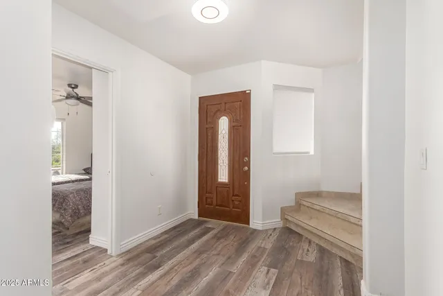 a view of room with walk in closet and wooden floor