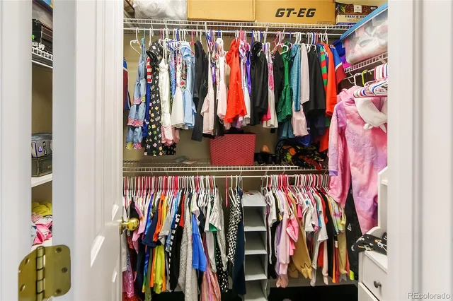 a view of walk in closet with clothes