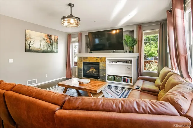 a living room with furniture fireplace and flat screen tv