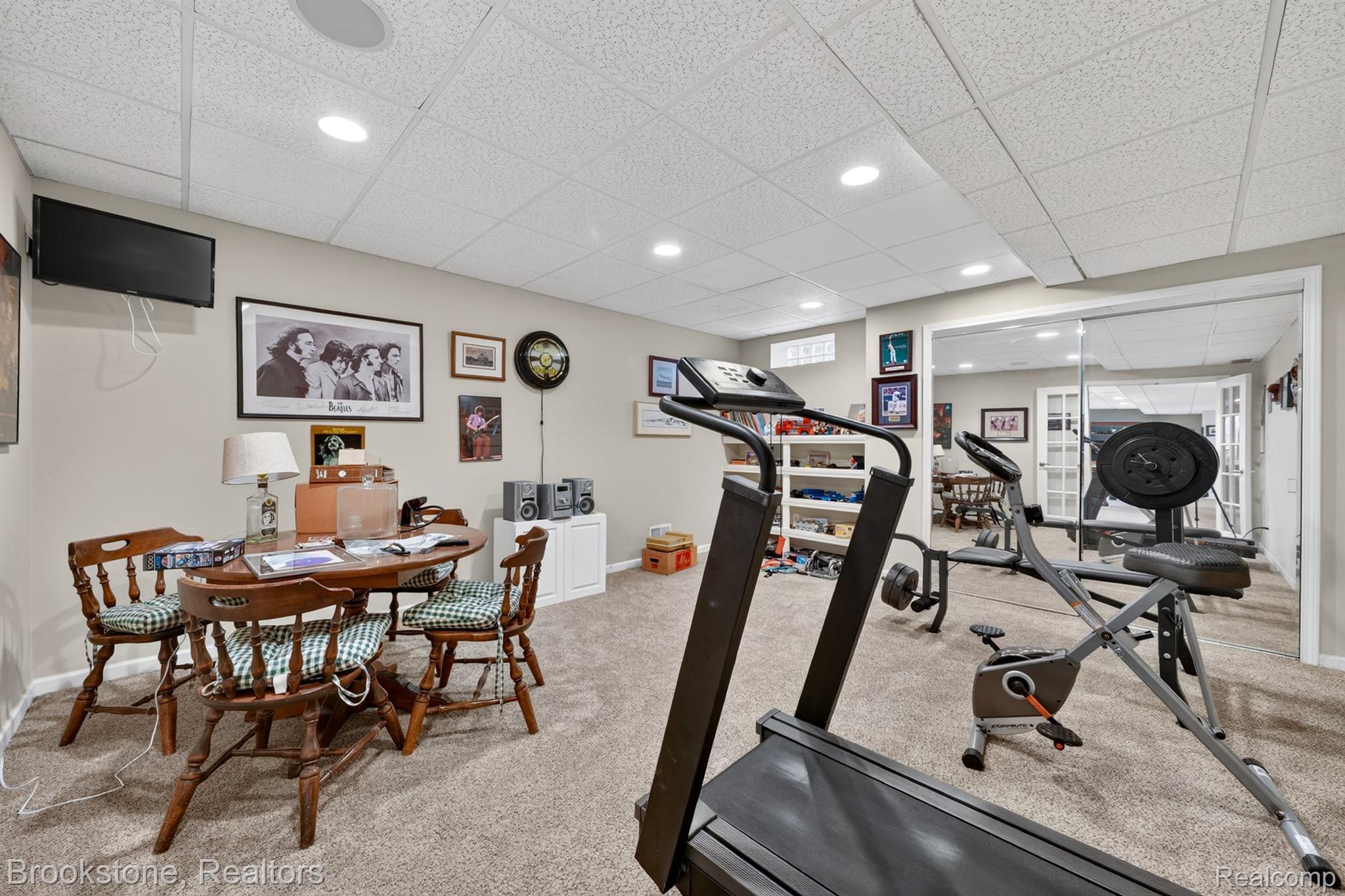 4054 Calumet Drive Rochester, MI 48306 - Photo 35 of 44 Exercise area featuring a drop ceiling, light colored carpet, and recessed lighting