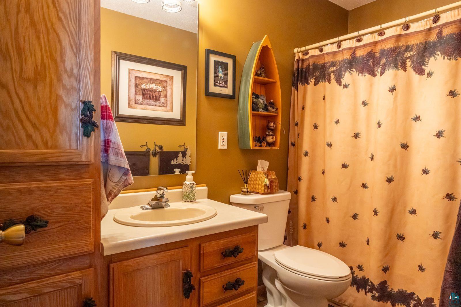 4452 Moccasin Point Road Tower, MN 55790 - Photo 23 of 44 Bathroom featuring a vanity with a white countertop and integrated sink, wood-finish cabinetry, an overhead light fixture, and a toilet