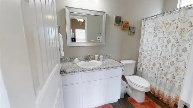 a bathroom with a granite countertop sink toilet and mirror