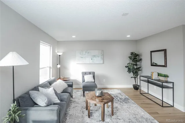 a living room with furniture and a potted plant