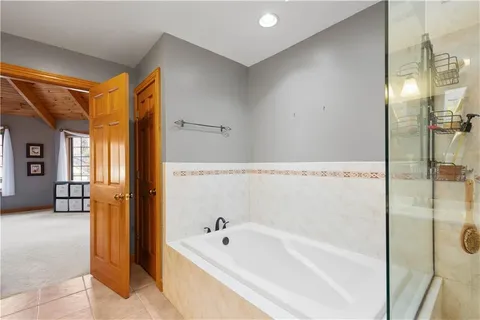a bathroom with a tub shower and sink