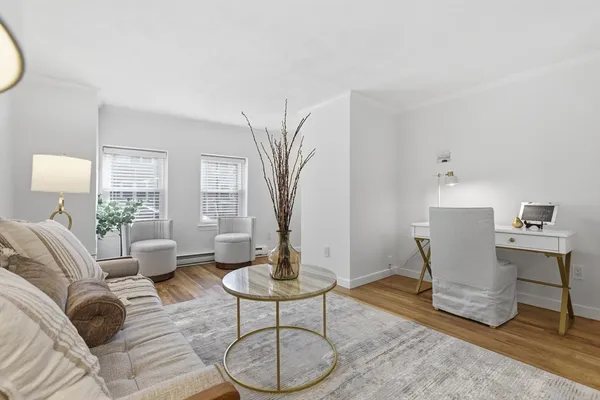 a living room with furniture a table and a potted plant
