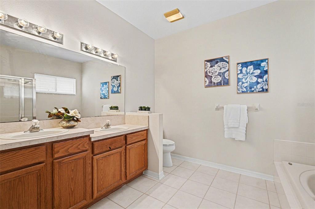 30631 Nickerson Loop Wesley Chapel, FL 33543 - Photo 26 of 33 a spacious bathroom with a double vanity sink toilet and a mirror