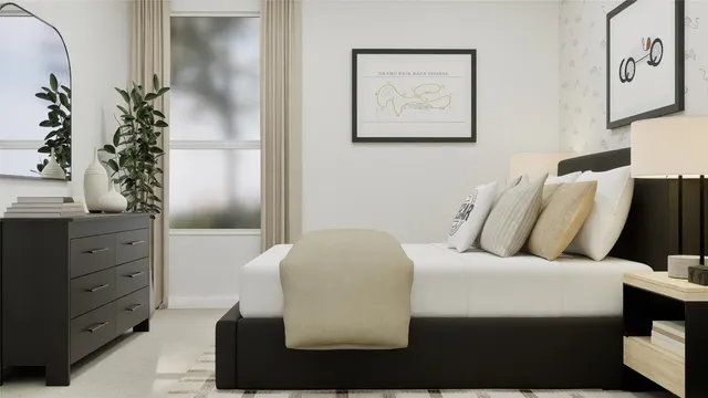 a bedroom with a bed and a potted plant on the dresser