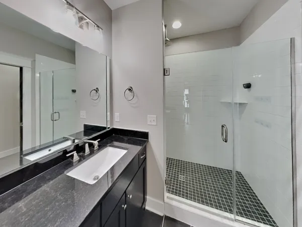 a bathroom with a sink a shower and a mirror