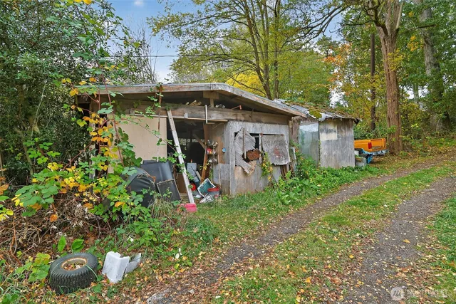 a garden view with a sitting space