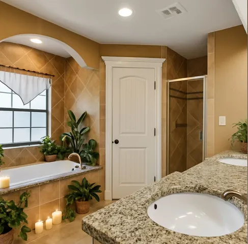 a en suite bathroom with a granite countertop tub and a sink