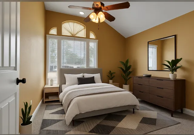 a bedroom with a bed dresser and a window