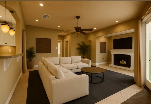 a living room with furniture and a fireplace