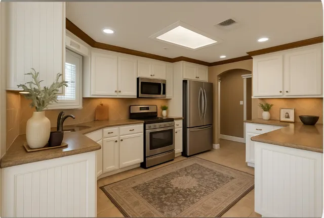 a kitchen with kitchen island granite countertop a sink a stove a refrigerator cabinets and a counter top space