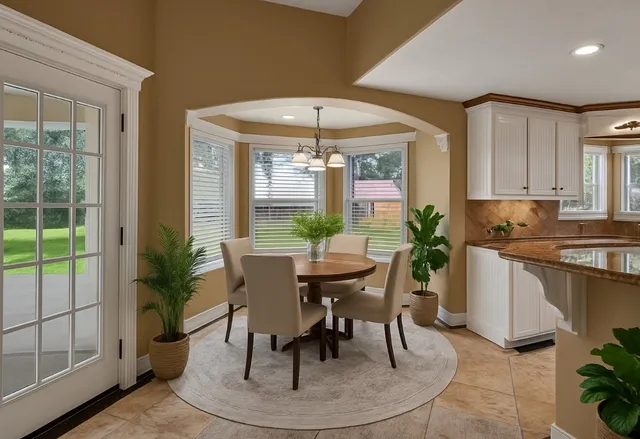 a view of a dining room with furniture window and outside view
