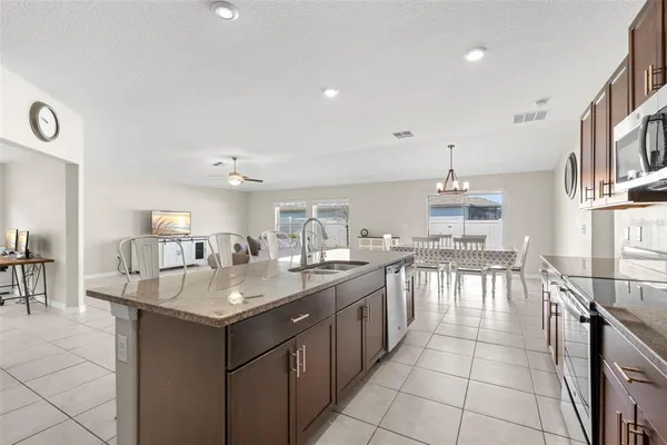 a view of a dining room with furniture