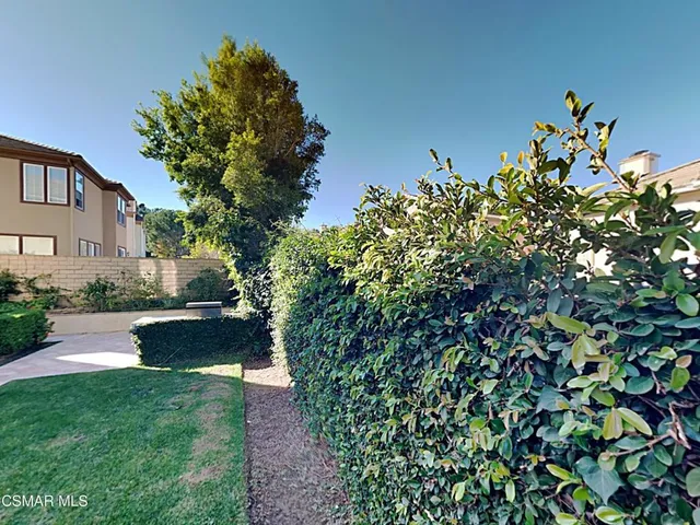 a view of a garden with a fountain