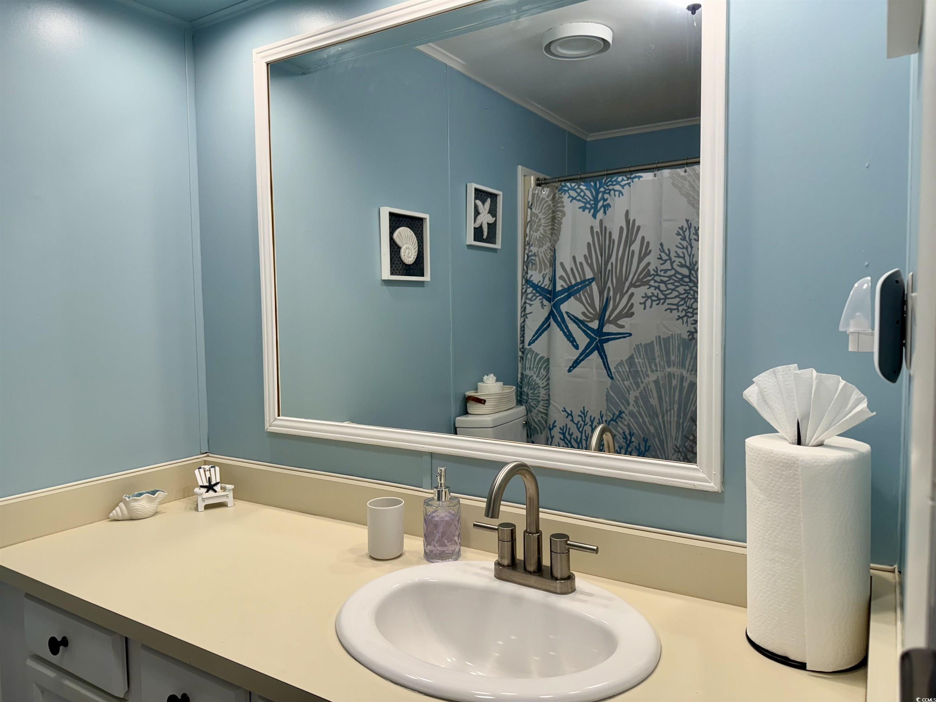 469 Sandpebble Surfside Beach, SC 29575 - Photo 18 of 39 Full bathroom featuring vanity, crown molding, and a shower with shower curtain
