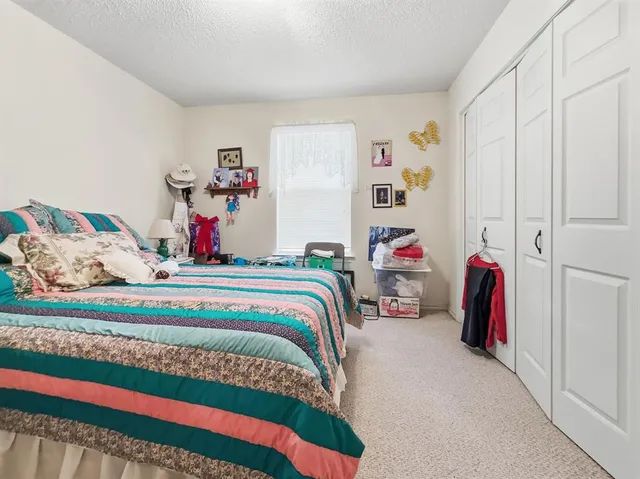 a bedroom with a bed and a closet