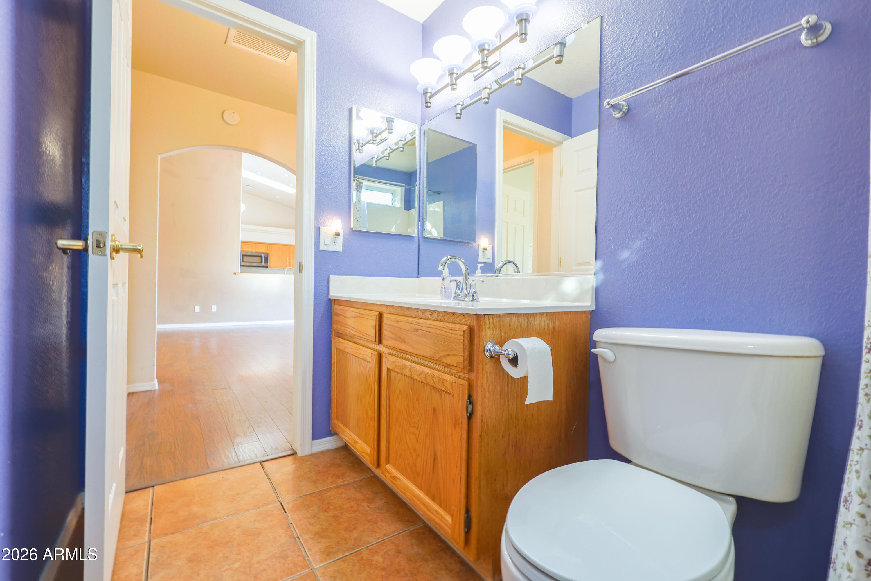 10148 South Airstrip Road Hereford, AZ 85615 - Photo 23 of 36 a bathroom with a granite countertop toilet sink and mirror