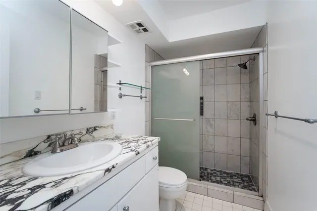 a bathroom with a sink toilet vanity and shower