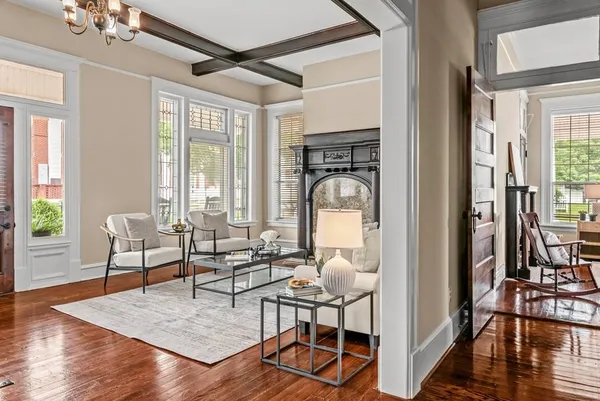 a living room with hardwood floor and a potted plant