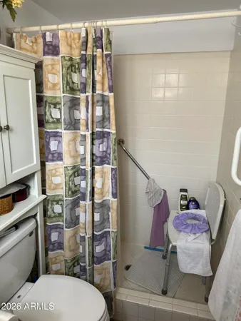 a bathroom with a toilet and a shower