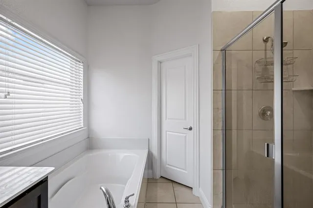 a bathroom with a tub double vanity sink and mirror