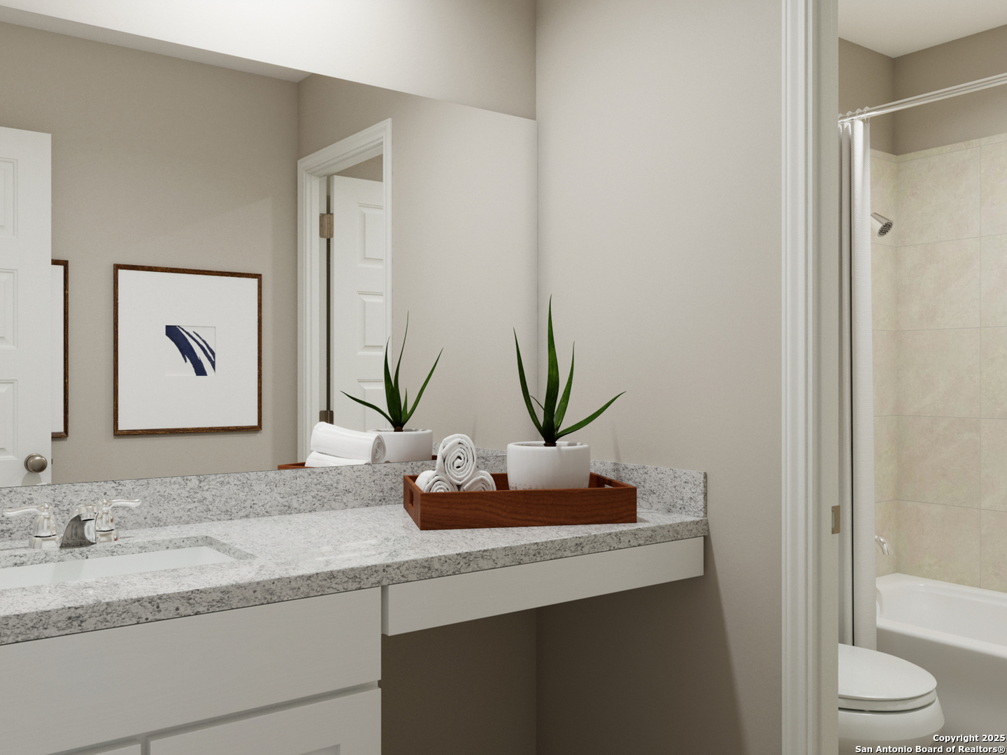 1228 Sweden Seguin, TX 78155 - Photo 25 of 30 a bathroom with a granite countertop sink and a mirror