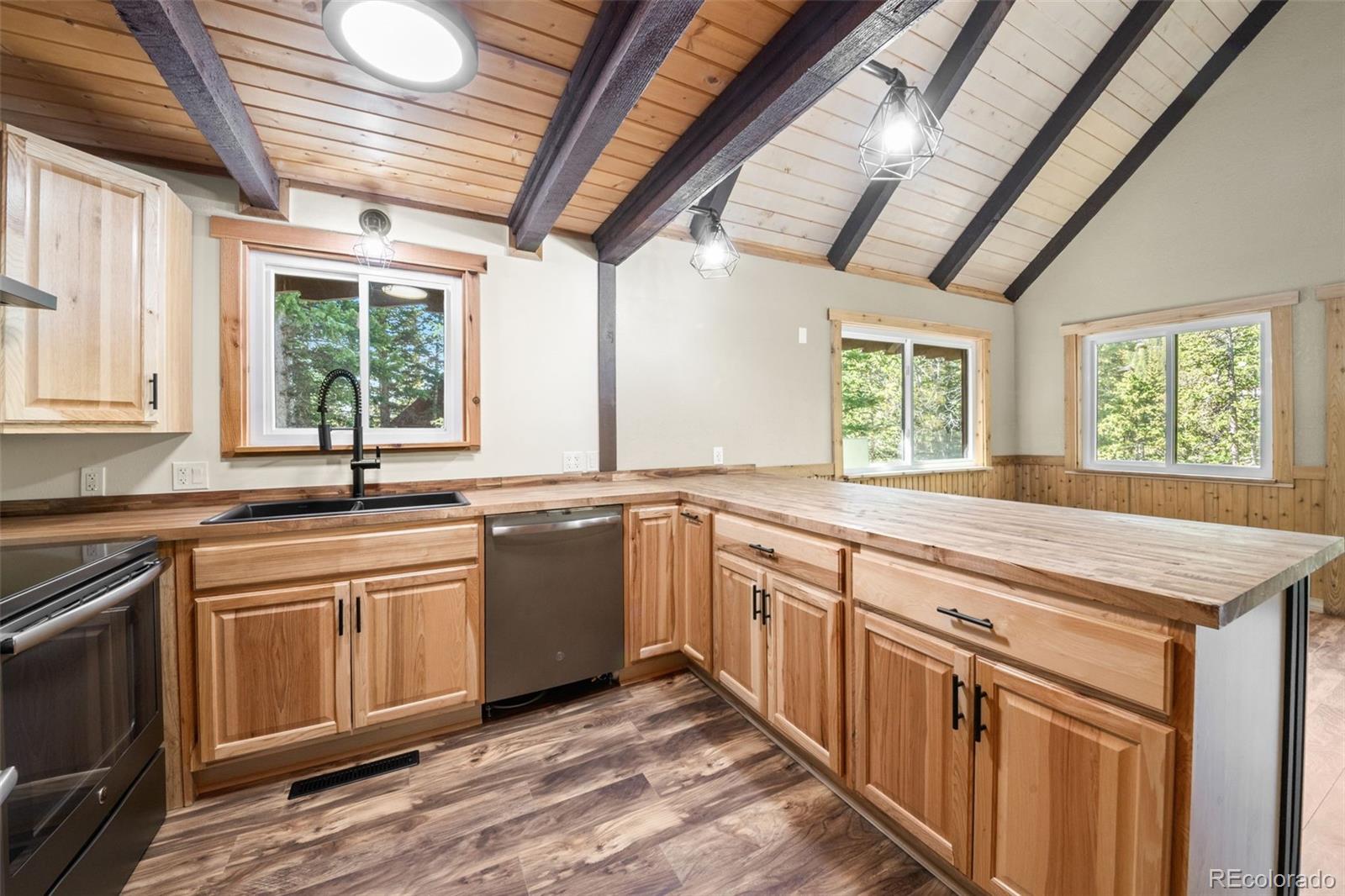 827 Mine Road Idaho Springs, CO 80452 - Photo 10 of 30 a kitchen with stainless steel appliances granite countertop a sink a stove and a wooden floors