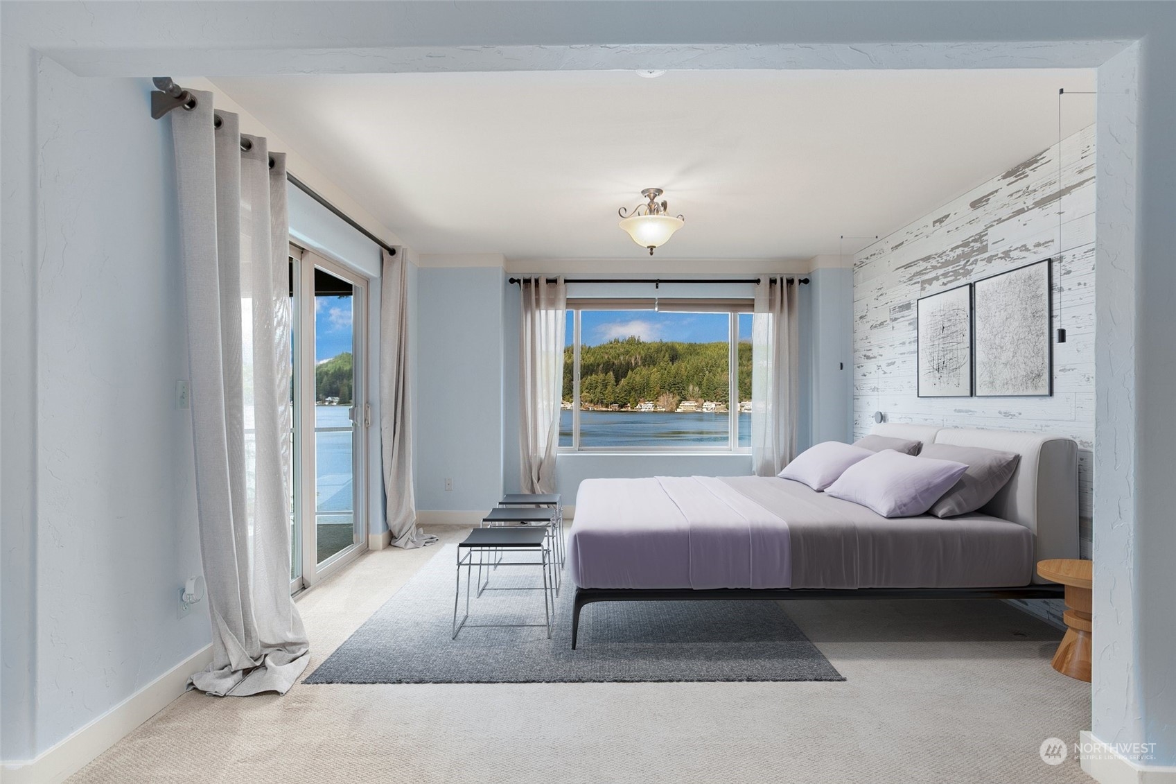 943 Summit Lake Shore Road Northwest Olympia, WA 98502 - Photo 13 of 40 a bedroom with a bed and ceiling fan