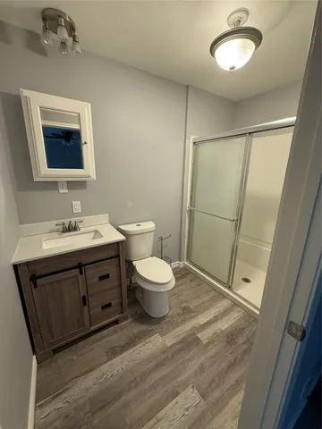 a bathroom with a sink a toilet and mirror