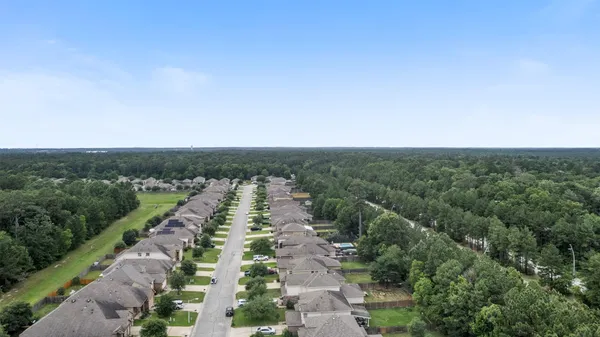 a view of a city with lush green forest