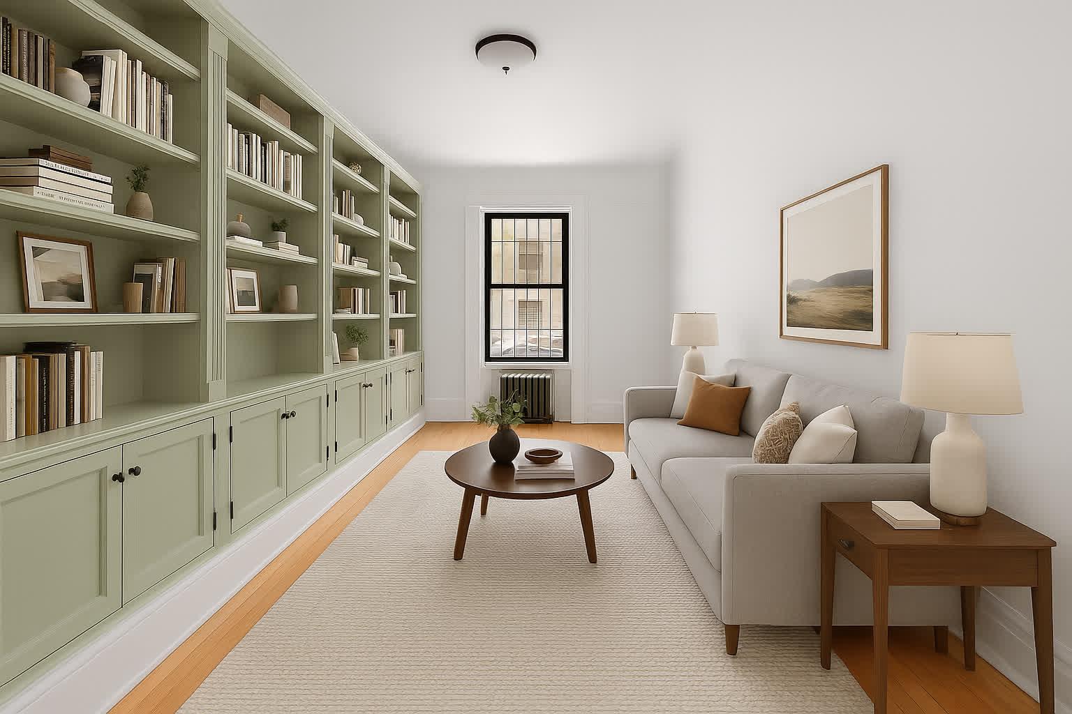a living room with furniture and a book shelf