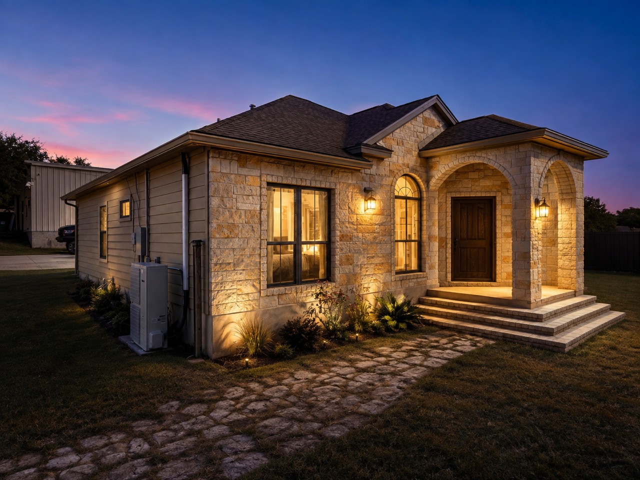 Textured stone siding and arched entryways frame this single-story home set against a sunset sky.