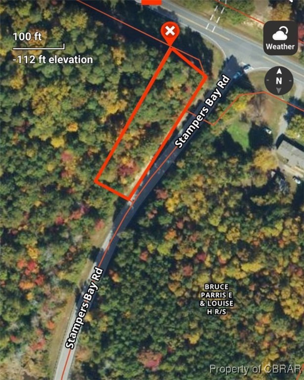 Aerial view of property's location with property boundaries highlighted