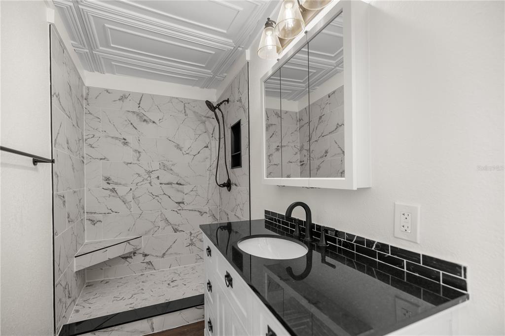 6391 Southeast 186 Terrace Morriston, FL 32668 - Photo 20 of 53 a bathroom with a granite countertop sink a mirror and shower