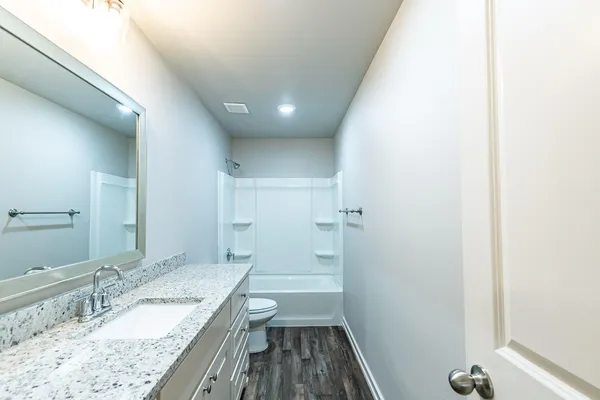 a bathroom with a granite countertop sink a toilet and a large mirror