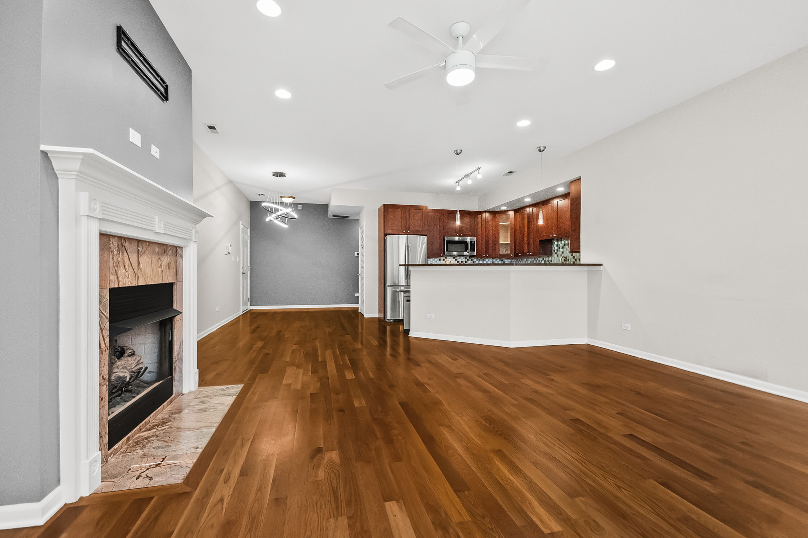 3986 South Drexel Boulevard, Unit 3N Chicago, IL 60653 - Photo 2 of 16 a view of a living room with wooden floor and a ceiling fan