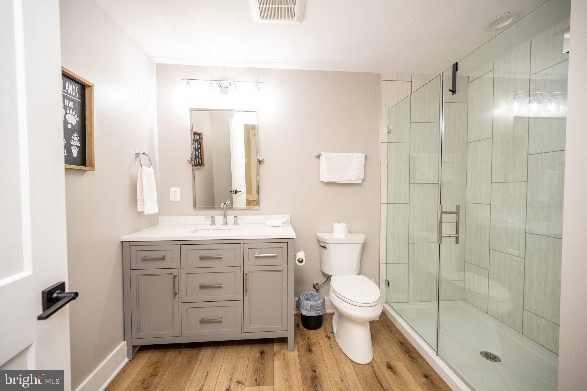 152 Ridge Run Road McHenry, MD 21541 - Photo 81 of 100 a bathroom with a granite countertop toilet a sink a mirror and shower