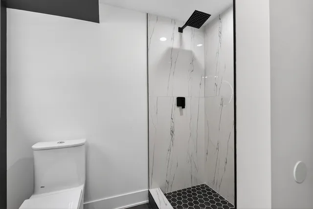 a bathroom with a shower and toilet