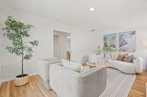 a living room with furniture and a potted plant