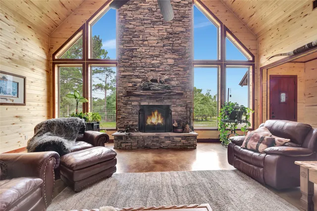 a living room with furniture windows and a fireplace