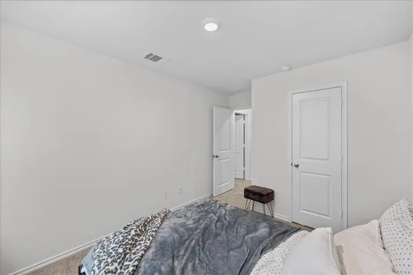 a bedroom with a bed and a closet